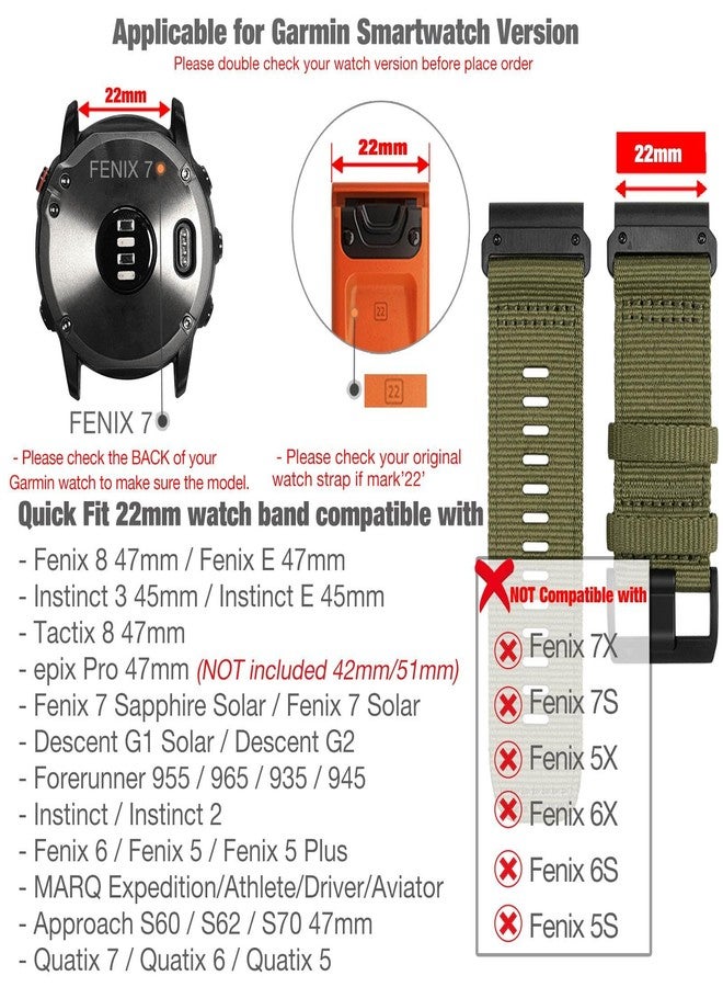 Abanen Upgraded Quick Fit 22mm Nylon Watch Bands for Garmin Fenix 7 / Fenix 6 / Fenix 5 / EPIX 2, Adjustable Woven Nylon Webbing Sports Wrist Strap with Stainless Steel Clasp for Forerunner 955, MARQ - Image 2